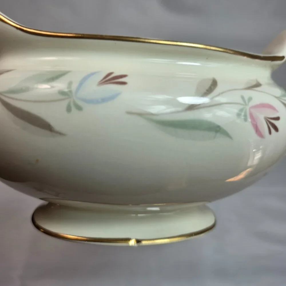 Homer Laughlin Nantucket Gravy Boat with Underplate Pink & Blue Flowers
